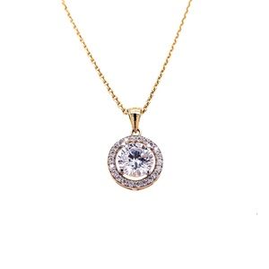 14k Yellow Gold Round Gem Pendant & Chain